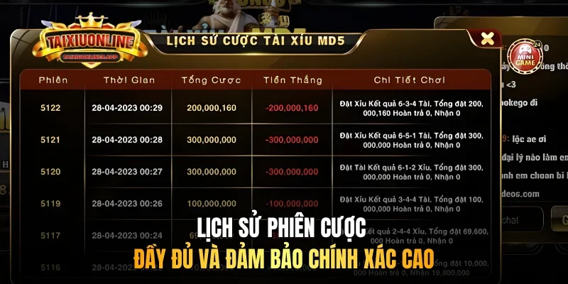 Lịch sử phiên cược đầy đủ và đảm bảo chính xác cao